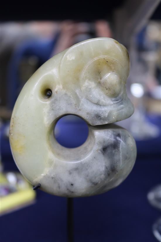 A Chinese hardstone pendant and a soapstone pendant Largest 11cm